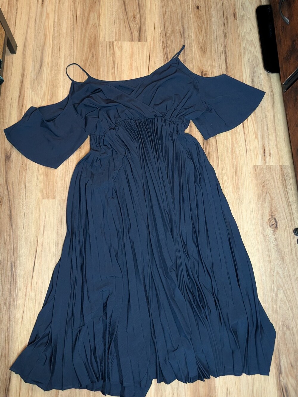 Navy Blue Pleated Midi Dress | Cold Shoulder Flutter Sleeve | Romantic Dress